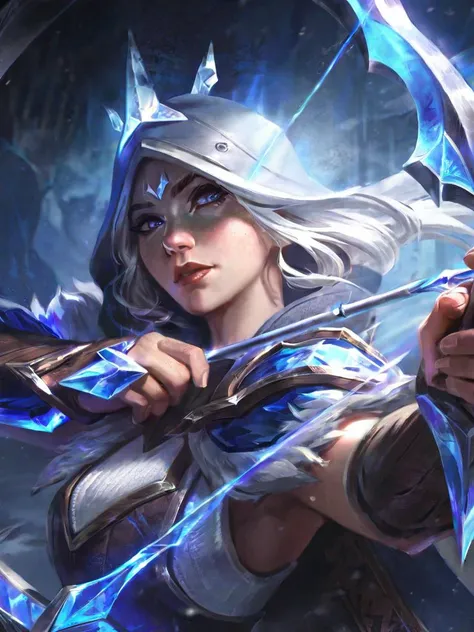 best aesthetic, lolsplashart, Ashe, the Frost Archer,1girl,bow and arrow,upper body,