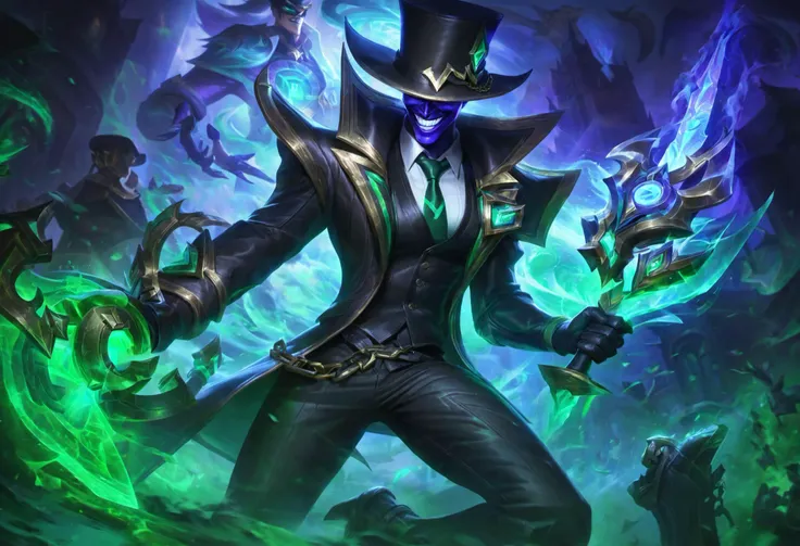 dream raider thresh, best aesthetic, lolsplashart, solo, long hair, smile, shirt, gloves, long sleeves, 1boy, hat, jacket, weapon, male focus, necktie, teeth, black gloves, collared shirt, pants, mask, glowing, chain, black pants, top hat