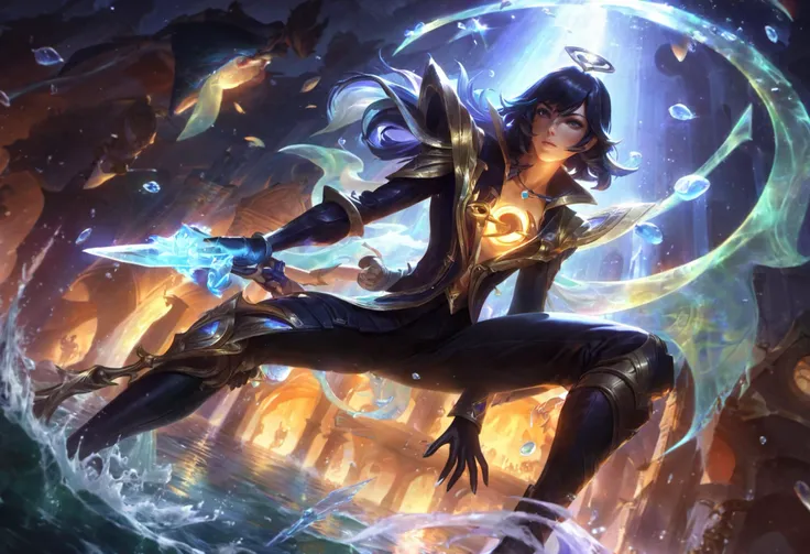 aphelios, best aesthetic, lolsplashart, long hair, looking at viewer, short hair, bangs, multiple girls, black hair, gloves, long sleeves, 1boy, holding, jewelry, closed mouth, weapon, solo focus, black gloves, pants, water, holding weapon, night, glowing, one knee