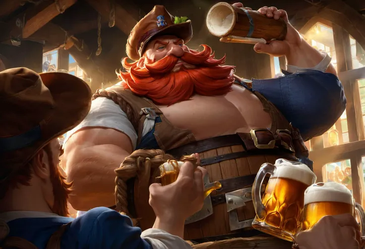 gragas oktoberfest, best aesthetic, lolsplashart, long hair, shirt, hat, holding, male focus, red hair, food, multiple boys, shorts, indoors, cup, window, muscular, facial hair, from below, holding cup, beard, alcohol, 6+boys, mug, mustache, beer, beer mug, barrel, foam