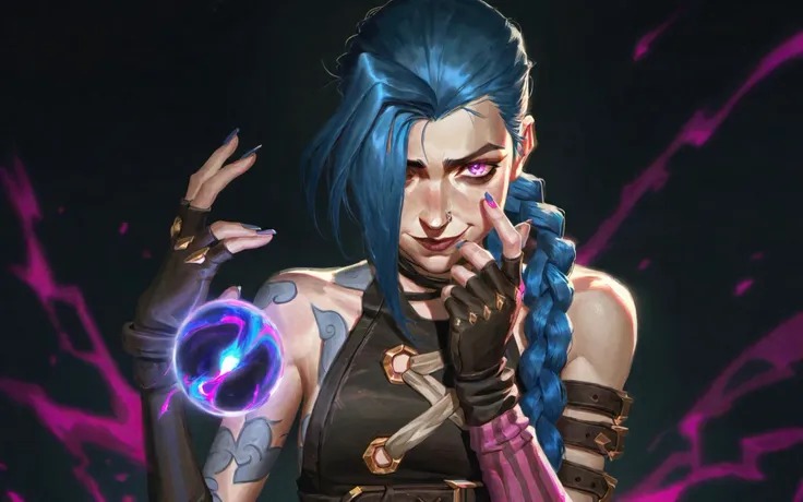 best aesthetic, arcane, arcane jinx hextech gemstone, 1girl, solo, long hair, looking at viewer, smile, bangs, gloves, bare shoulders, blue hair, braid, black gloves, shiny, fingerless gloves, pink eyes, nail polish, shiny hair, twin braids, gradient, hands up, gradient background, tattoo, glowing, black background, pink nails, brown gloves, asymmetrical bangs, arm tattoo, shoulder tattoo, jinx \(league of legends\), a woman with blue hair and a black leather jacket. She is wearing a black leather jacket and has blue hair. Her eyes are closed, and she is holding a crystal ball in front of her face. The scene is set in a dark room, with the woman standing in front of a wall. The overall atmosphere of the artwork is mysterious and intriguing, as the woman's closed eyes and the crystal ball create a sense of enigma and wonder. The combination of the woman's unique appearance and the mysterious object she is holding adds to the captivating nature of the image.