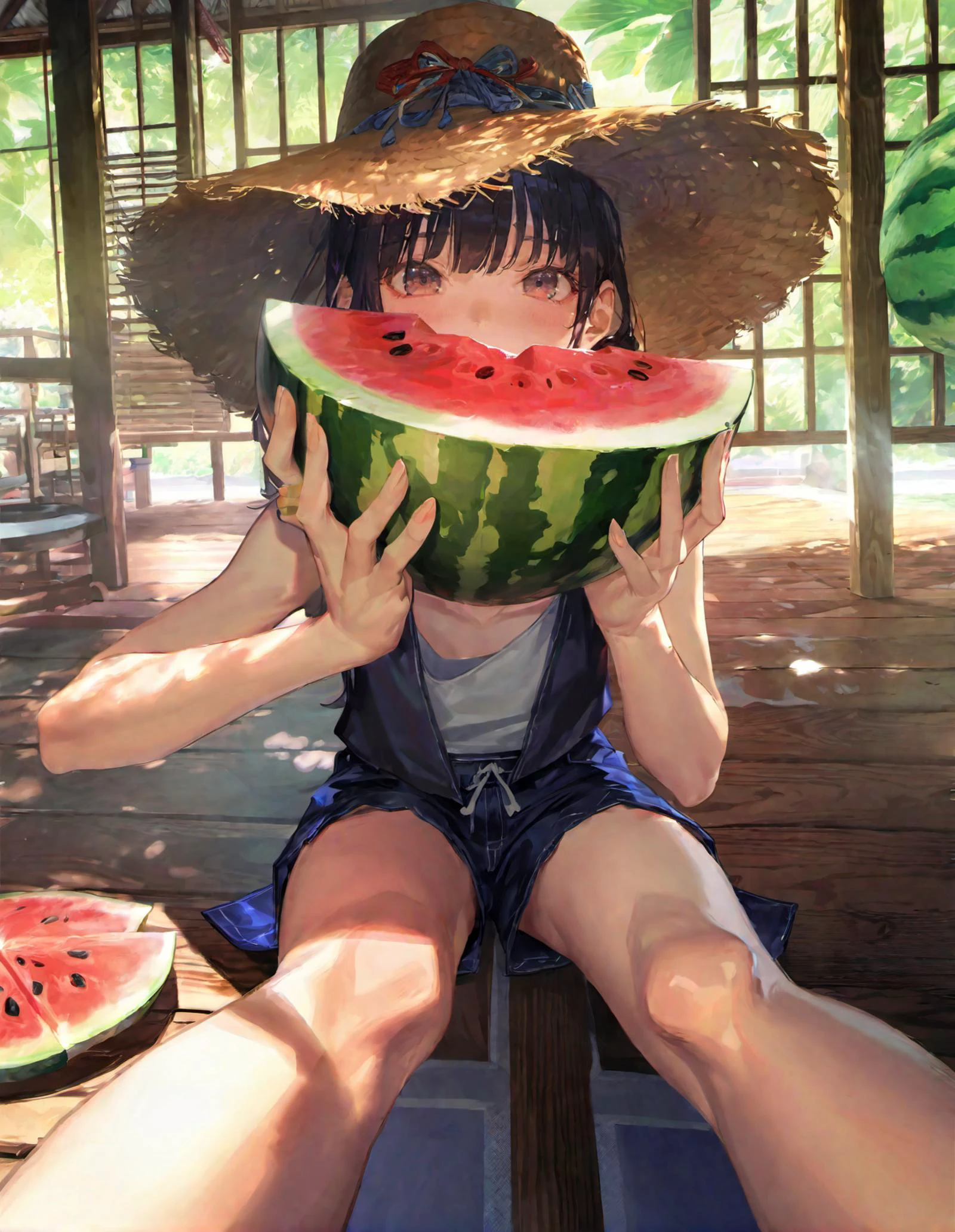 best aesthetic, high aesthetic, extremely detailed CG unity 8k wallpaper, highest quality, ultra-detailed, perfect illumination, accurate shadowing, one vibrant and lively,
close up, masterpiece, best quality, 1girl eating holding (big) watermelon (with both hands) at veranda (wood deck:0.5) of (Japanese house), (summer) vacation, tank top, short pants, sleeveless, straw hat , smile, happy, open mouth wide, (sunlight:0.3), (lens flare:0.3), sitting, looking at viewer