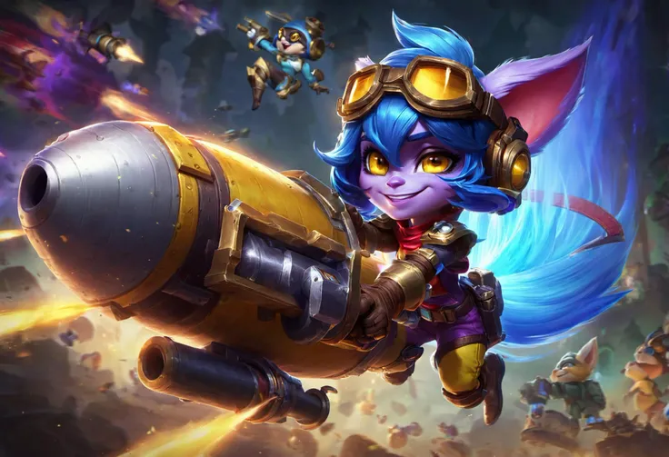 tristana rocket girl, best aesthetic, lolsplashart, 1girl, solo, smile, short hair, gloves, blue hair, yellow eyes, weapon, alternate costume, pointy ears, gun, colored skin, goggles, goggles on head, blue skin, rocket launcher, yordle