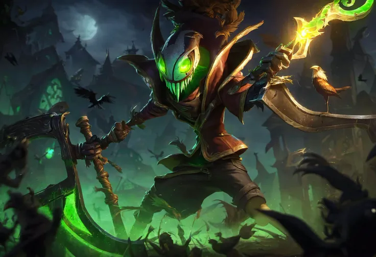 fiddlesticks, best aesthetic, lolsplashart, 1boy, holding, green eyes, weapon, male focus, teeth, holding weapon, glowing, bird, glowing eyes, claws, scythe, crow, holding scythe