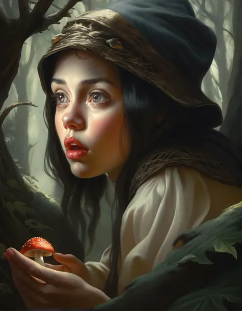 closeup painting of a medieval era peasant girl staring down a fairy in a forest. They look surprised to see each other.
|
fairy ring, faerie,
wonder, awe, mushrooms,
deep contrast,
rich blacks,
style of
(Kentaro Miura:1.2),
Francois Boucher,
Frank Bramley,