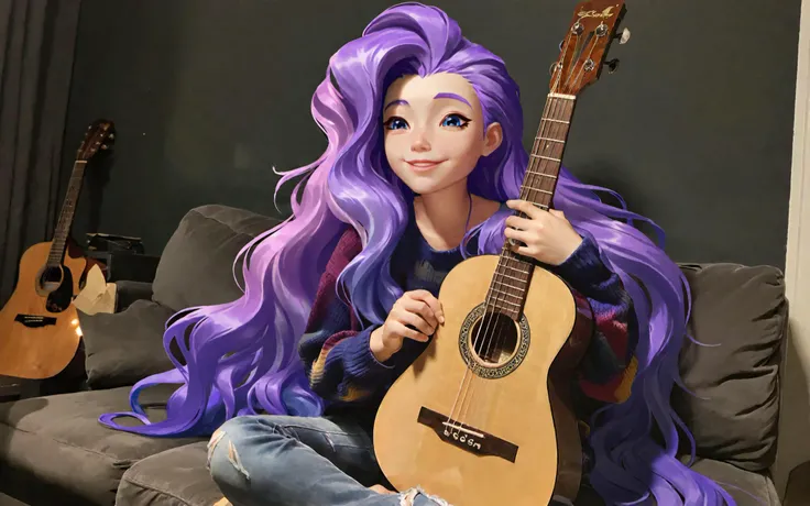 best aesthetic, seraphine twitter, seraphine, 1girl, solo, long hair, looking at viewer, smile, blue eyes, long sleeves, holding, sitting, purple hair, one eye closed, pants, sweater, instrument, guitar, holding instrument, a young woman with long, purple hair sitting on a couch while holding a guitar. She is wearing a tie-dye shirt and appears to be in a relaxed and comfortable setting. The woman is holding the guitar in her lap, and her eyes are closed, possibly indicating that she is enjoying the moment or focusing on her music. The scene conveys a sense of creativity, self-expression, and leisure, as the woman is engaging in her passion for music while surrounded by a cozy and inviting environment.