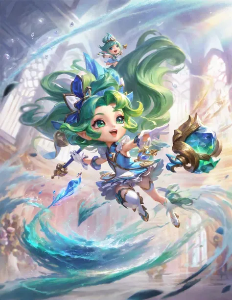 best aesthetic, battle of the golden spatula, perfume jem janna, chibi, 1girl, long hair, open mouth, bangs, thighhighs, gloves, dress, holding, green eyes, green hair, pointy ears, white gloves, water, chibi, staff, green dress, holding staff, yordle, a fantastical scene featuring a young girl with green hair, dressed in a flowing blue dress, riding a broomstick. She is soaring through the air, surrounded by a swirling aura of light and color. The setting is a beautiful, ornate cathedral with a vaulted ceiling, which adds to the overall sense of grandeur and wonder. The girl's broomstick is adorned with a glowing blue gemstone, and she is accompanied by two small creatures, possibly fairies or other mythical beings. The artwork captures the essence of magic and whimsy, inviting viewers to immerse themselves in the enchanting world of the young girl and her companions.