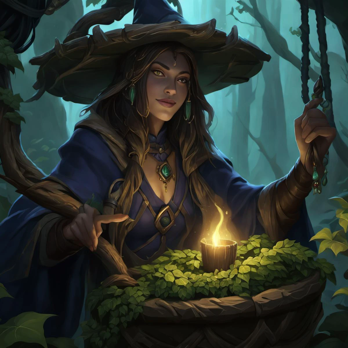 fantastic detailed photography of a perfect (style-sylvamagic:1.0), portrait, looking at viewer, solo, half shot, detailed background, detailed face, (victorian theme:1.1), light smile, druid, wearing (Indigo:0.7) druidic robes, totemic talisman, rustic hut in the forest, outdoors, potted plants, ivy, vines, herbs, dried plants, natural remedies, potions, beads, roots, witchcraft, dark sinister atmosphere, dim lighting, intricate details, detailed background
league of legends, legends of runeterra, valorant, lolsplashart, mlbbsplashart