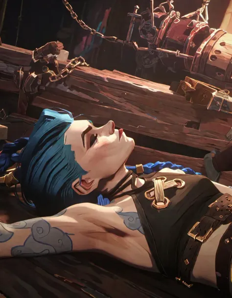 best aesthetic, arcane, screencap, jinx, a close-up of a woman with blue hair, wearing a black dress, and a cross on her chest. She is lying on a wooden table, which appears to be a part of a ship. The woman is positioned in such a way that her head is resting on the table, and her body is stretched out. The scene is set in a dark environment, which adds to the overall atmosphere of the image.