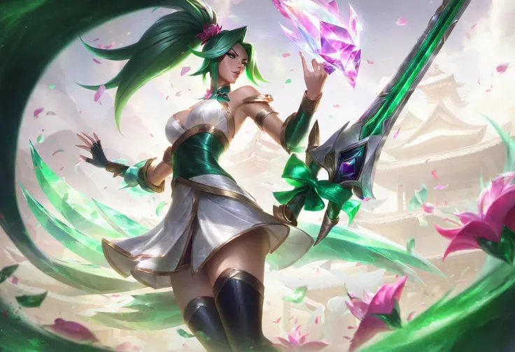 akali crystal rose skin, best aesthetic, lolsplashart, 1girl, solo, long hair, breasts, bangs, hair ornament, thighhighs, gloves, dress, bow, holding, bare shoulders, ponytail, weapon, flower, multicolored hair, detached sleeves, green hair, elbow gloves, from behind, holding weapon, white dress, petals, back, gem, strapless dress, dual wielding, akali