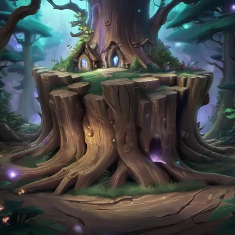 fantastic detailed photography of a tree stump serving as an entryway to a secret dwelling in a magical forest , 3D, nebula, lights, intricate details, detailed background
league of legends, legends of runeterra, valorant, lolsplashart, mlbbsplashart  <lora:sdxl_memegun_v2:1>