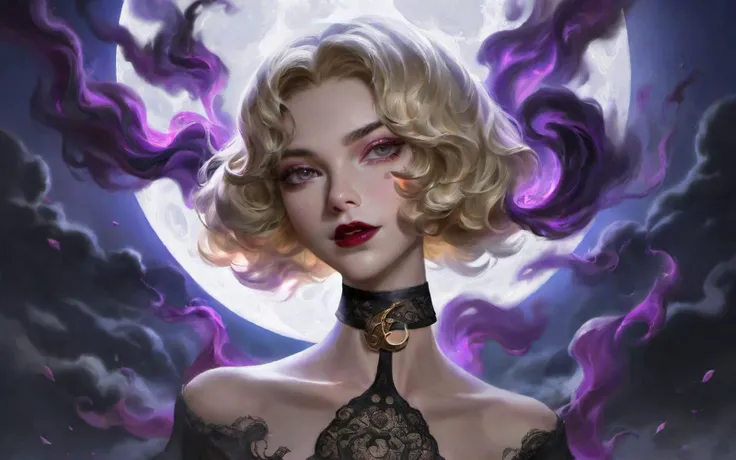 best aesthetic, artstation, 1girl, solo, looking at viewer, short hair, blonde hair, upper body, flower, choker, makeup, black choker, moon, lipstick, smoke, crescent moon, black lips, a beautiful woman with long hair, wearing a white dress. She is standing in front of a dark background, which creates a striking contrast between her and the background. The woman's hair is flowing in the wind, giving the impression of movement and grace. The overall composition of the artwork is visually captivating and evokes a sense of elegance and mystery.