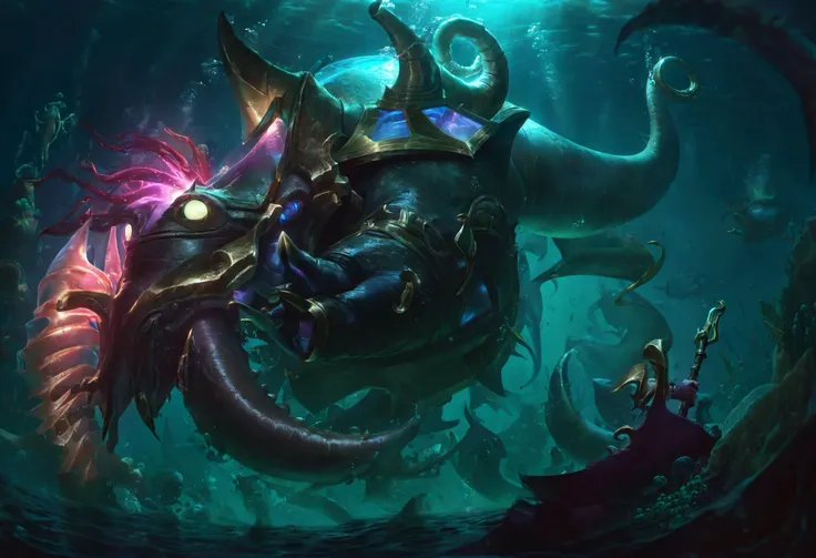nautilus abyssal, best aesthetic, lolsplashart, holding, weapon, horns, armor, no humans, glowing, glowing eyes, monster, underwater