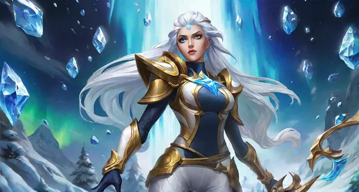 Diana,Scorn of the Moon,1girl,long hair,solo,white pants,snowflakes,holding,shoulder armor,pants,weapon,ice,gloves,aurora,blue eyes,white hair,breasts,snow,floating hair,holding weapon,armor,pauldrons,Best aesthetics,Aurora borealis background,Rich in color,Golden armor,Cold complexion,League of Legends,well-featured face,