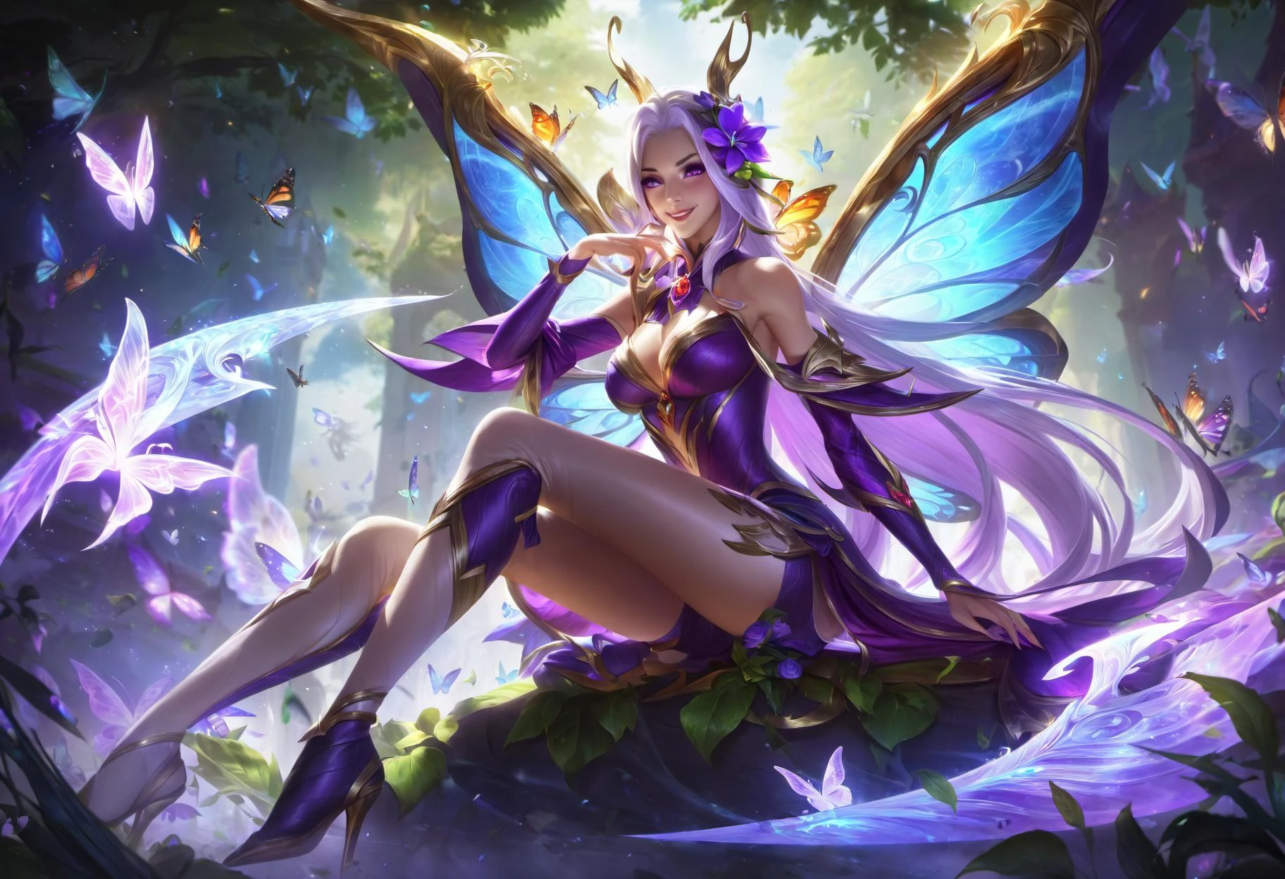 (best aesthetic:1.2), faerie court katarina prestige skin, lolsplashart, 1girl, solo, long hair, breasts, looking at viewer, smile, bangs, hair ornament, dress, holding, bare shoulders, sitting, very long hair, purple pupils, weapon, flower, white hair, detached sleeves, wings, shiny, pants, crossed legs, bug, butterfly, purple dress