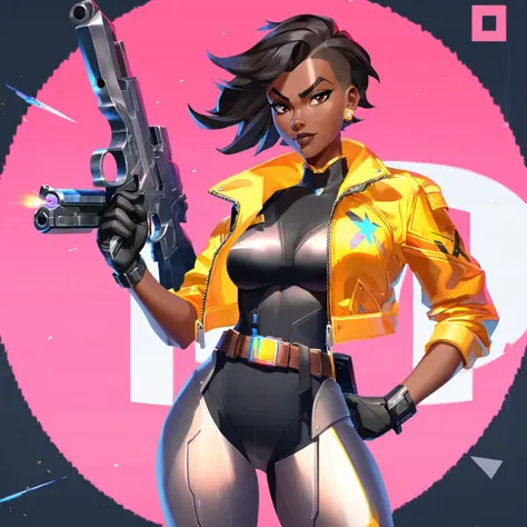 astra valorant, (best aesthetic:1.2), valorant, 1girl, solo, breasts, looking at viewer, short hair, black hair, gloves, holding, medium breasts, jacket, weapon, belt, dark skin, scarf, holding weapon, character name, dark-skinned female, gun, bodysuit, makeup, copyright name, holding gun, handgun, cropped jacket, undercut, hologram