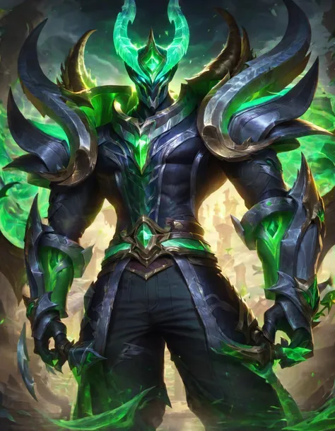 steel dragon thresh skin, best aesthetic, lolsplashart, solo, 1boy, holding, green eyes, weapon, male focus, outdoors, horns, pants, holding weapon, armor, glowing, colored skin, helmet, shoulder armor, gem, glowing eyes, claws, paper