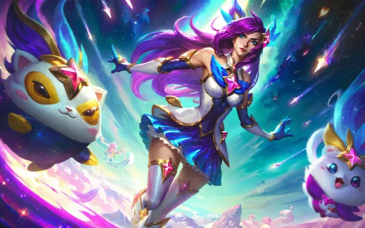 best aesthetic, lolsplashart, star guardian katarina, 1girl, scar on eye, long hair, breasts, looking at viewer, skirt, thighhighs, gloves, dress, cleavage, medium breasts, blue eyes, purple hair, solo focus, boots, sky, alternate costume, armor, shoulder armor, official alternate costume, magical girl, star (symbol), starry sky, star guardian (league of legends), a young woman with flowing purple hair, dressed in a blue and white magical girl outfit. She stands confidently, dagger drawn and ready, with a fierce look of determination. Behind her, a fantastical night sky swirls with clouds, stars, and streaks of light. The outfit's elegant and feminine details contrast with the strength and energy emanating from her pose. The vibrant colors and mystical backdrop give the splash art a whimsical yet powerful aura. Overall, the scene depicts the warrior courageously guarding the cosmos, capturing the adventurous spirit and charm of the Star Guardian theme.