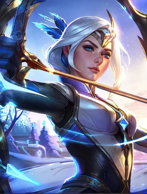best aesthetic, lolsplashart, Ashe, the Frost Archer,1girl,bow and arrow,upper body,