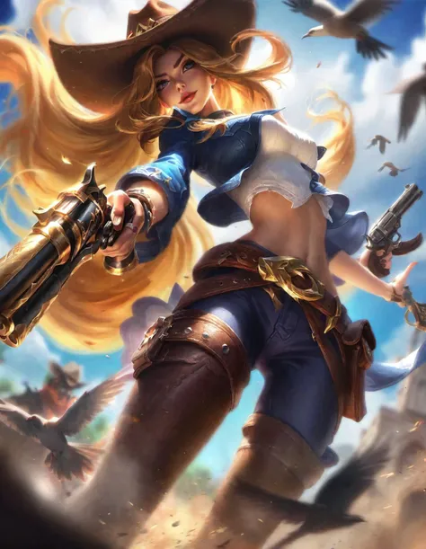 best aesthetic, lolsplashart, miss fortune cowgirl, 1girl, solo, long hair, breasts, blonde hair, hat, navel, holding, very long hair, ponytail, weapon, boots, outdoors, sky, day, midriff, belt, pants, cloud, holding weapon, blurry, crop top, gun, bird, from below, holding gun, handgun, cowboy hat, revolver, aiming at viewer, cowboy western, a beautiful woman with long, golden hair, dressed in a pirate outfit. She is holding a gun and a sword, and there are birds flying around her. The scene is set against a backdrop of a blue sky with clouds, giving the impression of a dynamic and adventurous atmosphere. The woman's pose and the presence of the birds add a sense of freedom and excitement to the artwork, making it visually captivating and engaging.