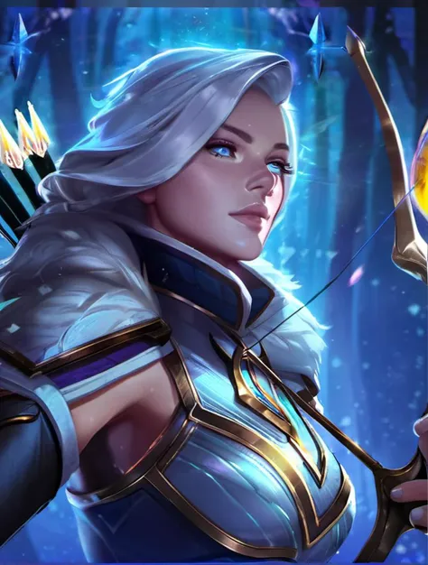 best aesthetic, lolsplashart, Ashe, the Frost Archer,1girl,bow and arrow,upper body,