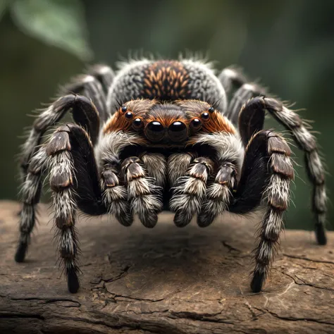Masterpiece, Photography, award winning, Imagine a close-up shot of a tarantula, its intricate patterns and hairy legs sharply in focus. The bird-eating spider is poised on a leaf, every detail of its predatory stance captured with precision. Its eyes glisten in the dim light, and its fangs are visible as it prepares to hunt. The background is blurred, drawing attention to the tarantula's formidable presence and the tension of the impending hunt.8k, 16k, 32k, photorealistic