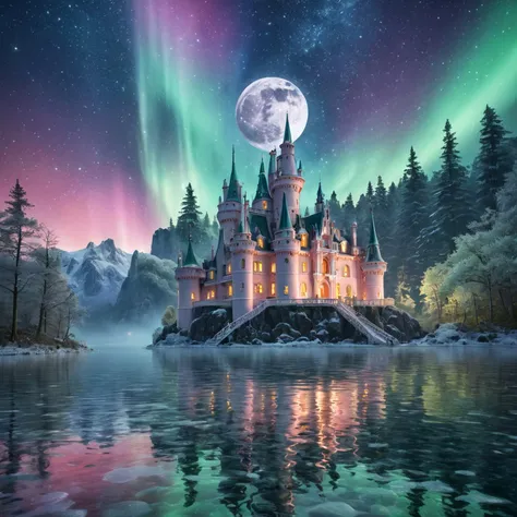Masterpiece, Photography, award winning, Create an image of a fantastical castle floating amidst enchanting woods. The starry sky above is lit by a vibrant aurora and a luminous moon, casting a magical glow over the scene. The castle, with its majestic towers and ethereal architecture, appears to defy gravity as it hovers above the trees. The enchanting woods below are bathed in the soft light of the aurora, adding to the surreal and mystical atmosphere of the scene.8k, 16k, 32k, photorealistic