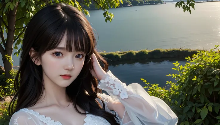 (best quality:1.4),(masterpiece:1.4),(photorealistic:1.4),(ultra high res, raw photo:1.4),(hdr, hyperdetailed:1.2),(8K),Exquisite details and textures,(black long hair:1.4),(1girl:1.2),solo,(brown eyes:1.2),(upper body:1.2),(large breasts:1.2),(transparent organza elegant long-sleeved dress:1.4),looking at viewer,(arms at sides:1.2),(outdoor:1.2),(riverside and forest:1.2),<lora:depth_of_field_slider_v1:10>,<lora:lip_slider_v21:-3>,<lora:skin_slider_v10:0.7>,<lora:FilmVelvia3:0.4>,<lora:FaceSizeAdjuster:-0.5>,<lora:jcly_v1:0.3>,