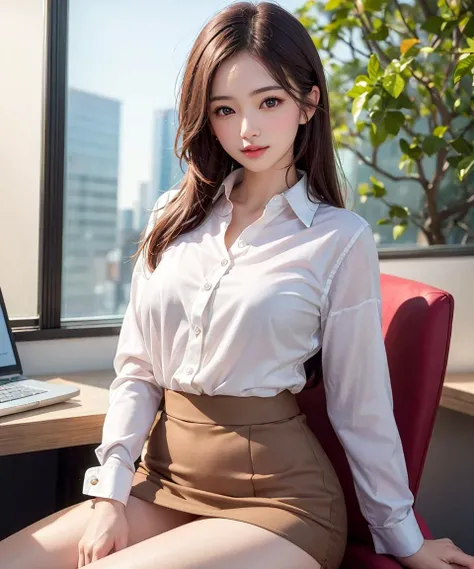(best quality:1.4), ultra-high-resolution cg, raw photo, 8k wallpaper, extremely detailed, (masterpiece:1.4), (realistic:1.45), (photo realistic:1.45), a Japanese woman, an office worker, solo, extremely delicate and beautiful woman, cute and handsome face, brown eyes, elegant, gentle, pure and innocent, neat and clean, blush, shy smile, puffy lips, small breasts, slender thighs, clear and fair skin, wearing dress shirt, pencil skirt, white panties, (shot from front), in an office, (sitting on the chair, facing viewer:1.2), (panties are shown)