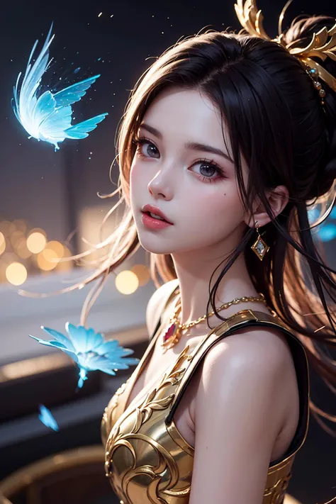 fashion photo shoot a very beautiful girl,translucent holographic clothing,futuristic,and gold jewelry,glassmorphism,iquid glass,flying particles,cinematic lighting,powerful imagery,Hyperdetailed photorealism,(Masterpiece),best quality,(ultra-detailed),detailed glow,ambient occlusion,ambient light,