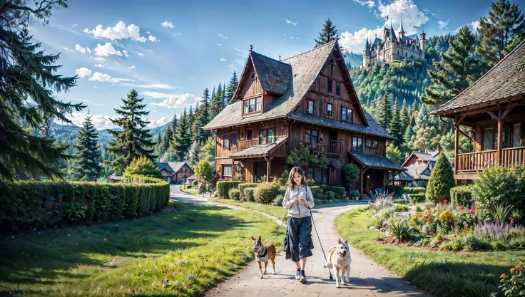 in the style of Jim Hansen: a fairy with a pet going for a walk. in the background is a fairytale-fantasy setting,including a house. UHD(8k),insanely detailed and intricate,<lora:add_detail:0.8>,<lora:add_saturation:0.8>,<lora:improve_backgrounds:0.8>,nartfixer,nrealfixer,nfixer,