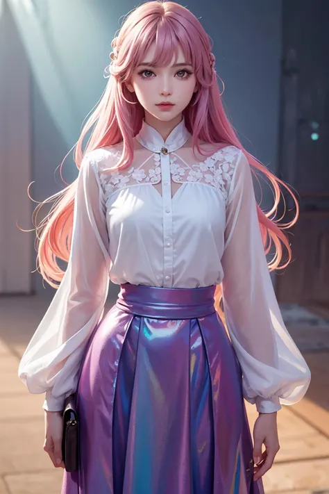 An anime design of a girl named Luna,pink blue hair,holographic,intricate,elegant,highly detailed,digital painting,artstation,concept art,smooth,sharp focus,illustration,art by artgerm and greg rutkowski and alphonse mucha,(transparent long sleeves:1.2),(summer long skirt:1.2),