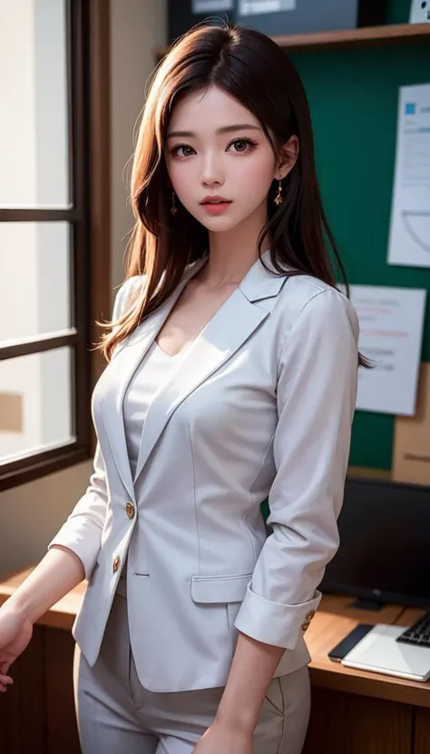 (best quality, masterpiece:1.4), (ultra high resolution:1.4), RAW photo, 8k poster, extremely detailed, (realistic, photo realistic:1.4), blurry background, a Chinese woman, an office worker, incredible beautiful woman, extremely delicate and beautiful woman, solo, handsome face, elegant, smart, serious, brown eyes, puffy lips, medium hair, small breasts, clear and fair skin, ideal proportions, wearing gray formal pantsuit, standing, looking at viewer, in a futuristic office, (cowboy shot), shot from diagonally front