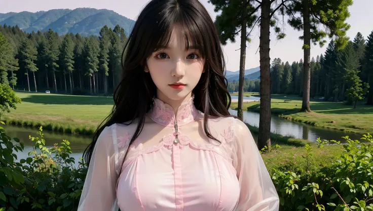 (best quality:1.4),(masterpiece:1.4),(photorealistic:1.4),(ultra high res, raw photo:1.4),(hdr, hyperdetailed:1.2),(8K),Exquisite details and textures,(black long hair:1.4),(1girl:1.2),solo,(brown eyes:1.2),(close up:1.2),(large breasts:1.2),(pink transparent organza elegant long-sleeved dress:1.4),looking at viewer,(arms at sides:1.2),(outdoor:1.2),(wind:1.2),(riverside and forest:1.2),<lora:depth_of_field_slider_v1:10>,<lora:lip_slider_v21:-3>,<lora:skin_slider_v10:0.7>,<lora:FilmVelvia3:0.4>,<lora:FaceSizeAdjuster:-0.5>,<lora:jcly_v1:0.3>,<lora:cute girl mix:0.3>,
