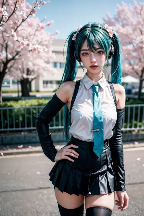 cinematic photo (best quality:1.4),(masterpiece:1.4),(photorealistic:1.4),(ultra high res, raw photo:1.4),(hdr, hyperdetailed:1.2),hatsune miku,pointing up,large pectorals,spread fingers,highres,light and shadow snowing,hand on another's face,cherry blossoms,hand on hip,pectoral lift,blush visible through hair,princess,aqua eyes,(aqua hair:1.3),crossed bangs,hair between eyes,hair ornament,headphones,long hair,twintails,aqua necktie,black footwear,black skirt,black sleeves,boots,collared shirt,detached sleeves,grey shirt,necktie,pleated skirt,shirt,skirt,sleeveless,sleeveless shirt,thigh boots,tie clip,<lora:add_detail:0.3>,<lora:more_details:0.3>,<lora:FilmVelvia3:0.4>,<lora:polyhdron_all_in_one_eyes_hands_skin_fin:0.2>,<lora:skin_slider_v1:0.8>,