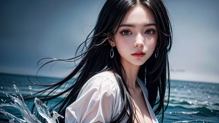 (best quality:1.4),(masterpiece:1.4),(photorealistic:1.4),(ultra high res, raw photo:1.4),(hdr, hyperdetailed:1.2),8k,insane details,intricate details,hyper quality,high detail,ultra detailed,1girl,dress,earrings,make up,long dress,(close up:1.4)barefoot puffy sleeves float,(black long hair:1.4),blue themere alistic black background Water as smooth as a mirror,beautiful detailed water,reflection pool,dynamic angle,floating,(Real water,Realistic water:1.5),ripples,<lora:add_detail:0.4>,<lora:more_details:0.4>,<lora:FilmG4:0.6>,