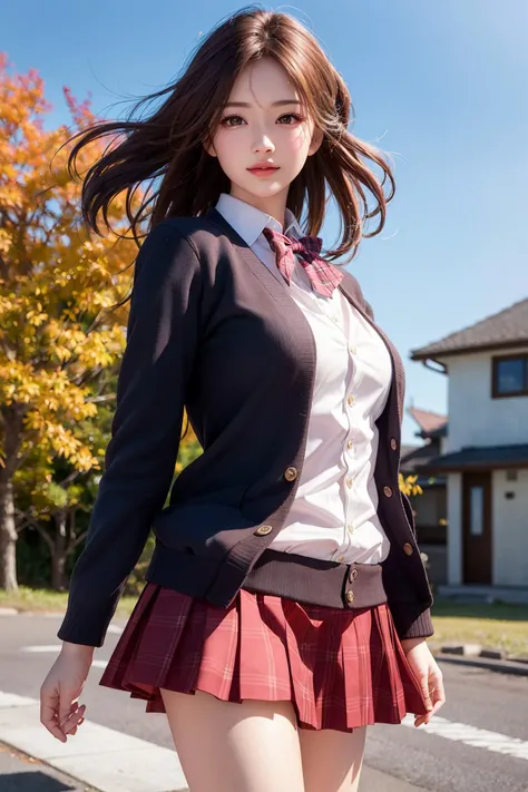 (best quality:1.4), ultra high resolution illustration, ultra realistic 8k wallpaper, extremely detailed, (masterpiece:1.4), 3D, (realistic:1.45), (photo realistic:1.45), blurry background, a Japanese woman, solo, extremely delicate and beautiful woman, cute and handsome face, brown eyes, elegant, gentle, pure and innocent, neat and clean, shy smile, puffy lips, medium hair, feminine figure, wearing school uniform, plaid pleated short skirt, jacket, cardigan, white button shirt, bow tie, white panties, cowboy shot, shot from diagonally front, (shot from below), at river bank in fall, walking, looking at viewer, (wind is blowing, skirt is turned up by the wind, panties are shown under skirt)