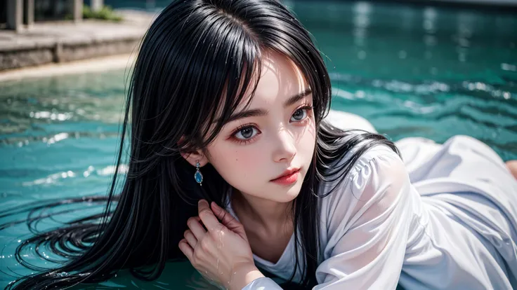(best quality:1.4),(masterpiece:1.4),(photorealistic:1.4),(ultra high res, raw photo:1.4),(hdr, hyperdetailed:1.2),8k,insane details,intricate details,hyper quality,high detail,ultra detailed,1girl,white dress,earrings,make up,long dress,(close up:1.4)barefoot puffy sleeves float,(black long hair:1.4),blue themere alistic black background Water as smooth as a mirror,beautiful detailed water,reflection pool,dynamic angle,floating,(Real water,Realistic water:1.5),ripples,<lora:add_detail:0.4>,<lora:more_details:0.4>,<lora:FilmG4:0.6>,