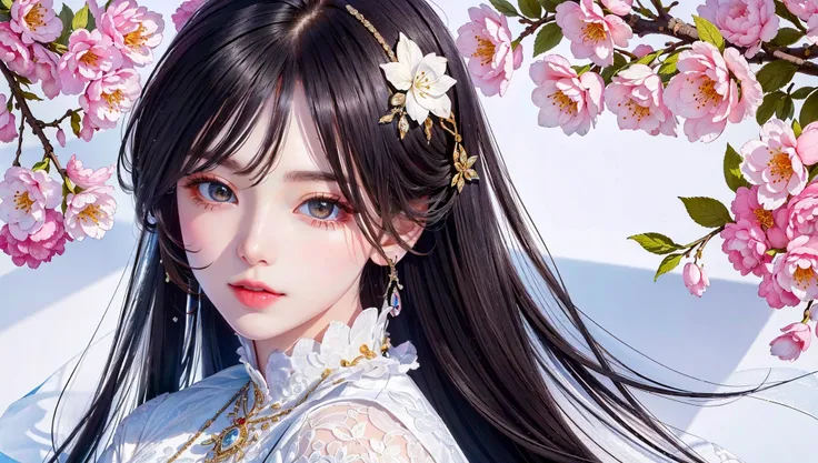 (best quality:1.4),(masterpiece:1.4),(photorealistic:1.4),(ultra high res, raw photo:1.4),(hdr, hyperdetailed:1.2),1girl,solo,black long hair,close up,necklace,black hair,dress,sitting,black long hair,flowers,branches,(white transparent elegant lace long-sleeved dress:1.2),(pretty legs:1.2),hands behind,watching the audience,dynamic posture,realistic,cherry blossom,outdoor,(exquisite details textures:1.5),<lora:colorify:0.8>,<lora:depth_of_field_slider_v1:10>,