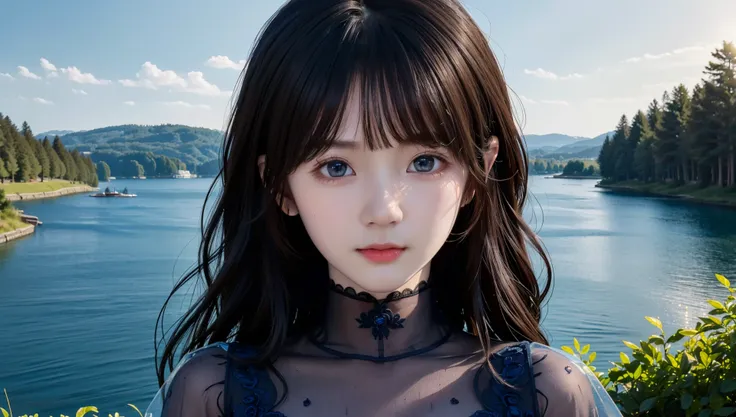 (best quality:1.4),(masterpiece:1.4),(photorealistic:1.4),(ultra high res, raw photo:1.4),(hdr, hyperdetailed:1.2),(8K),Exquisite details and textures,(black long hair:1.4),(1girl:1.2),solo,(brown eyes:1.2),(close up:1.2),(large breasts:1.2),(blue transparent organza elegant long-sleeved dress:1.4),looking at viewer,(arms at sides:1.2),(outdoor:1.2),(wind:1.2),(riverside and forest:1.2),<lora:depth_of_field_slider_v1:10>,<lora:lip_slider_v21:-3>,<lora:skin_slider_v10:0.7>,<lora:FilmVelvia3:0.4>,<lora:FaceSizeAdjuster:-0.5>,<lora:jcly_v1:0.3>,<lora:cute girl mix:0.3>,