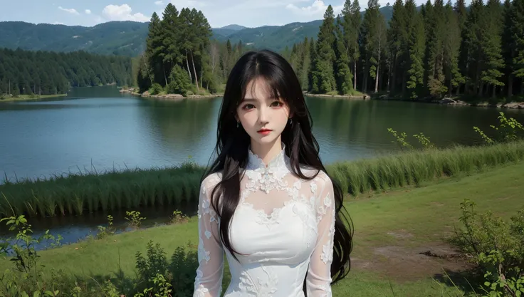 (best quality:1.4),(masterpiece:1.4),(photorealistic:1.4),(ultra high res, raw photo:1.4),(hdr, hyperdetailed:1.2),(8K),Exquisite details and textures,(black long hair:1.4),(1girl:1.2),solo,(brown eyes:1.2),(upper body:1.2),(large breasts:1.2),(transparent organza elegant long-sleeved dress:1.4),looking at viewer,(arms at sides:1.2),(outdoor:1.2),(riverside and forest:1.2),<lora:depth_of_field_slider_v1:10>,<lora:lip_slider_v21:-3>,<lora:skin_slider_v10:0.7>,<lora:FilmVelvia3:0.4>,<lora:FaceSizeAdjuster:-0.5>,<lora:jcly_v1:0.3>,