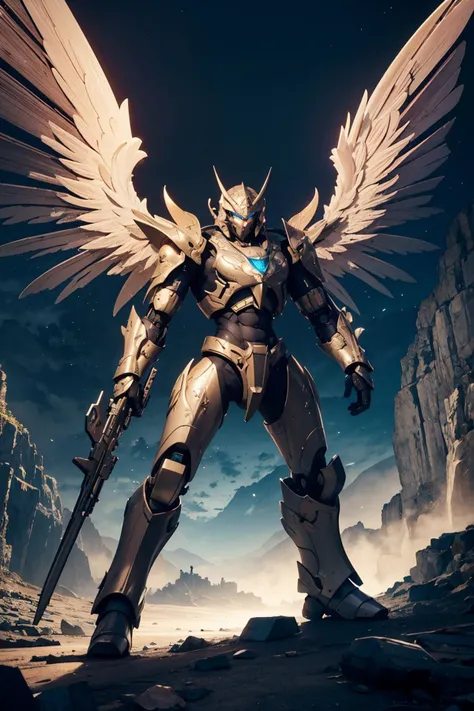 (masterpiece, best quality:1.3),extremely high detailed,intricate,8k,HDR,wallpaper,cinematic lighting,glowing,armor,glowing eyes,mecha,large wings,