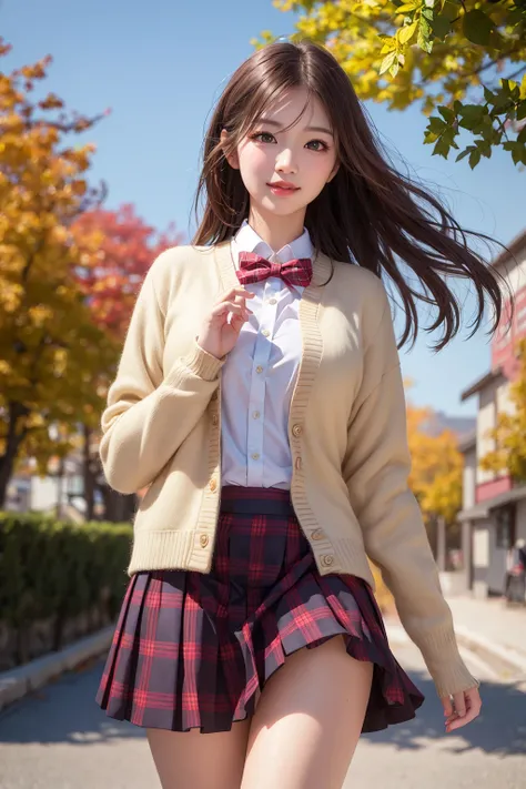 (best quality:1.4), ultra high resolution illustration, ultra realistic 8k wallpaper, extremely detailed, (masterpiece:1.4), 3D, (realistic:1.45), (photo realistic:1.45), blurry background, a Japanese woman, solo, extremely delicate and beautiful woman, cute and handsome face, brown eyes, elegant, gentle, pure and innocent, neat and clean, shy smile, puffy lips, medium hair, feminine figure, wearing school uniform, plaid pleated short skirt, jacket, cardigan, white button shirt, bow tie, white panties, cowboy shot, shot from diagonally front, (shot from below), at river bank in fall, walking, looking at viewer, (wind is blowing, skirt is turned up by the wind, panties are shown under skirt)