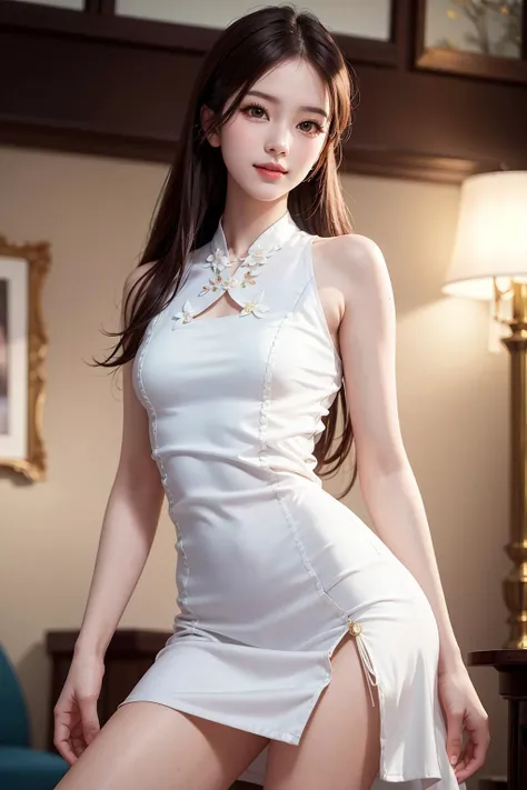 (best quality:1.4), ultra high resolution, raw photo, 8k wallpaper, extremely detailed, (masterpiece:1.4), (realistic:1.45), (photo realistic:1.45), blurry background, a Chinese woman, solo, extremely delicate and beautiful woman, mature, cute and handsome face, brown eyes, (elegant:1.3), gentle, pure and innocent, neat and clean, (shy smile), medium hair, straight hair, small breasts, clear and fair skin, young and feminine figure, wearing short silk dress, slit, standing straight, looking viewer, knee shot, shot from diagonally side, (shot from below:1.2), indoors, at hotel hall