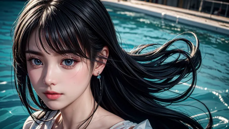 (best quality:1.4),(masterpiece:1.4),(photorealistic:1.4),(ultra high res, raw photo:1.4),(hdr, hyperdetailed:1.2),8k,insane details,intricate details,hyper quality,high detail,ultra detailed,1girl,dress,earrings,make up,long dress,(close up:1.4)barefoot puffy sleeves float,(black long hair:1.4),blue themere alistic black background Water as smooth as a mirror,beautiful detailed water,reflection pool,dynamic angle,floating,(Real water,Realistic water:1.5),ripples,<lora:add_detail:0.4>,<lora:more_details:0.4>,<lora:FilmG4:0.6>,