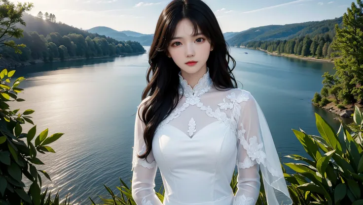 (best quality:1.4),(masterpiece:1.4),(photorealistic:1.4),(ultra high res, raw photo:1.4),(hdr, hyperdetailed:1.2),(8K),Exquisite details and textures,(black long hair:1.4),(1girl:1.2),solo,(brown eyes:1.2),(upper body:1.2),(large breasts:1.2),(white transparent organza elegant long-sleeved dress:1.4),looking at viewer,(arms at sides:1.2),(outdoor:1.2),(riverside and forest:1.2),<lora:depth_of_field_slider_v1:10>,<lora:lip_slider_v21:-3>,<lora:skin_slider_v10:0.7>,<lora:FilmVelvia3:0.4>,<lora:FaceSizeAdjuster:-0.5>,<lora:jcly_v1:0.3>,