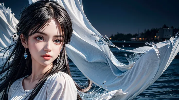 (best quality:1.4),(masterpiece:1.4),(photorealistic:1.4),(ultra high res, raw photo:1.4),(hdr, hyperdetailed:1.2),8k,insane details,intricate details,hyper quality,high detail,ultra detailed,1girl,dress,earrings,make up,long dress,(close up:1.4)barefoot puffy sleeves float,(black long hair:1.4),blue themere alistic black background Water as smooth as a mirror,beautiful detailed water,reflection pool,dynamic angle,floating,(Real water,Realistic water:1.5),ripples,<lora:add_detail:0.4>,<lora:more_details:0.4>,<lora:FilmG4:0.6>,