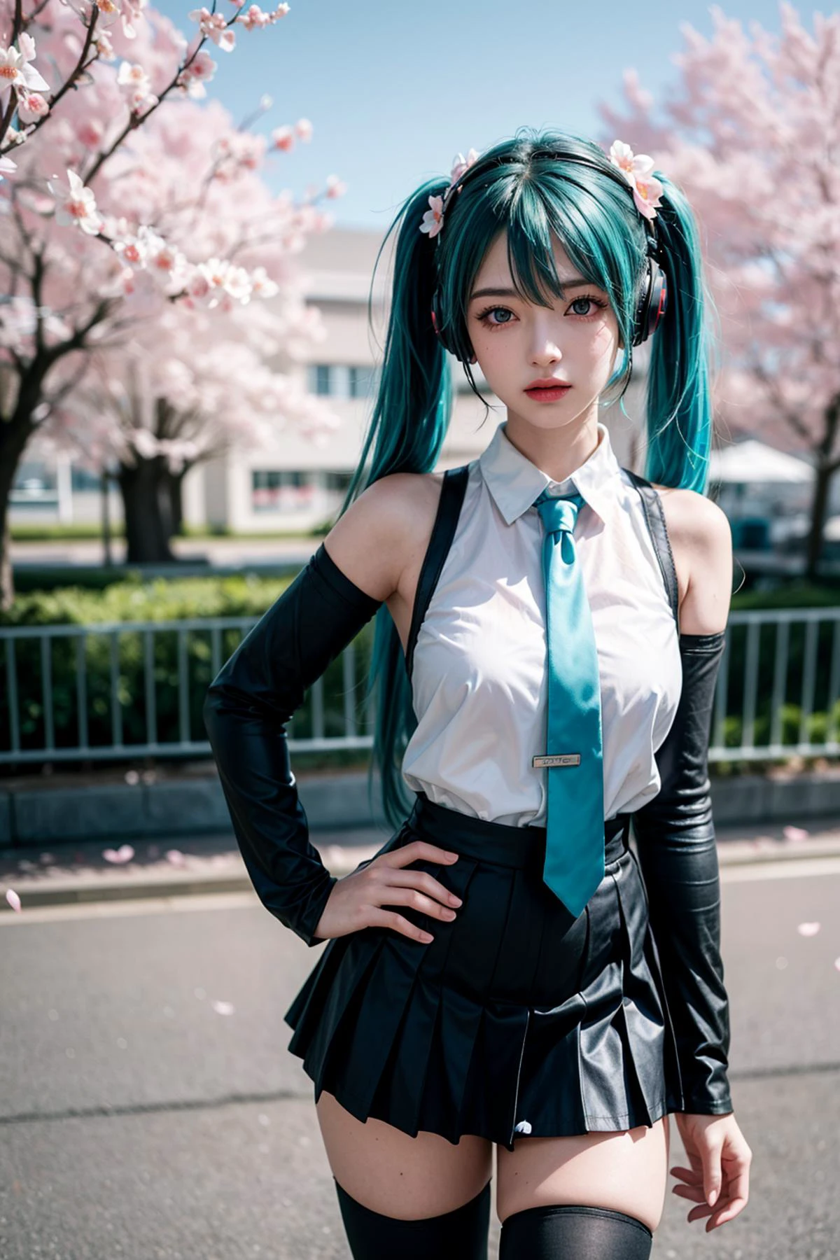 cinematic photo (best quality:1.4),(masterpiece:1.4),(photorealistic:1.4),(ultra high res, raw photo:1.4),(hdr, hyperdetailed:1.2),hatsune miku,pointing up,large pectorals,spread fingers,highres,light and shadow snowing,hand on another's face,cherry blossoms,hand on hip,pectoral lift,blush visible through hair,princess,aqua eyes,(aqua hair:1.3),crossed bangs,hair between eyes,hair ornament,headphones,long hair,twintails,aqua necktie,black footwear,black skirt,black sleeves,boots,collared shirt,detached sleeves,grey shirt,necktie,pleated skirt,shirt,skirt,sleeveless,sleeveless shirt,thigh boots,tie clip,<lora:add_detail:0.3>,<lora:more_details:0.3>,<lora:FilmVelvia3:0.4>,<lora:polyhdron_all_in_one_eyes_hands_skin_fin:0.2>,<lora:skin_slider_v1:0.8>,