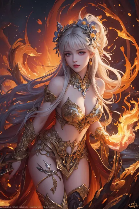 (best quality,4k,8k,highres,masterpiece:1.2), ultra-detailed, realistic, naked sexy dragon woman with red and gold glittering scales, skin is glittering ruby and golden scales, long wavy blonde hair with red highlights, very playful but mischievous smile, huge tits, gigantic breasts, naked, nude, detailed crotch, detailed vulva, sexy pose, playful, bi-coloured eyes, heterochromia, lustful