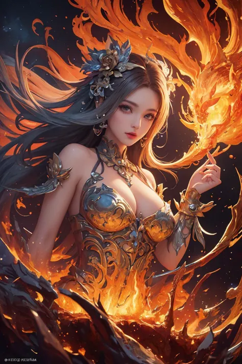 (NSFW:-1, Exposed:0.75), (((nipple:-1, horns:-1, extra ears:-1))), (bokeH, Acutance:0.85, Ultra-detailed:1.35), (Masterpiece, best quality, highres, realistic:1.37), (sexy Ifrit clad in flames with aura:1.28), (all outfits made of flames), (many colorful lights and sparks in blurred background:1.2), detailed gaze, seductive lips, alluring pose, mesmerizing atmosphere . BREAK (Luminous Particles:1.15), full of fire covering and surrounding whole Body, filled with flames, ruins, fiery Sky, a cigarette hold in mouth .